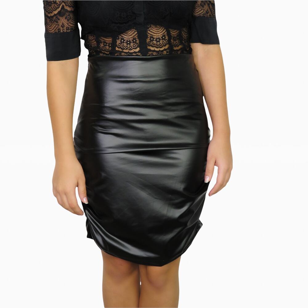 Shein Black Faux Leather Mini Skirt Ribbed Ruched Body Con Skirt XS